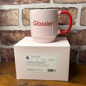 Glossier Three Eyed Smiley Mug Pink with Red Handle NEW
